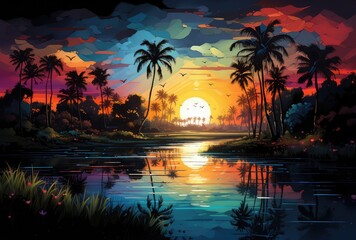 Egzotyczna plaża z palmami o zachodzie słońca.  - obrazy, fototapety, plakaty