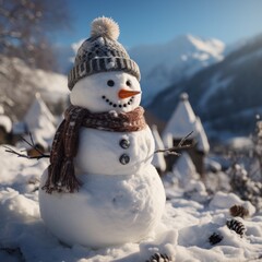 Snowman with a Hat, Scarf, and Button Eyes in a Snowy Setting