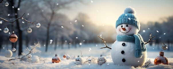 Snowman with a Hat, Scarf, and Twig Arms in a Winter Landscape