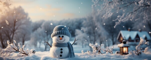 Snowman with a Hat, Scarf, and Carrot Nose in a Winter Landscape