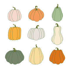 Pumpkin flat icons set. Simple pumpkin cartoon colorful icon symbol isolated white vector Illustration. Different shapes, sizes and color of  pumpkins. Autumn thanksgiving and halloween pumpkins EPS10