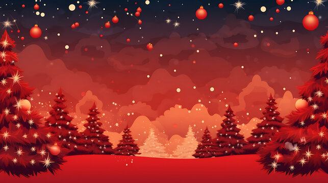 red christmas background with Christmas tree and hill