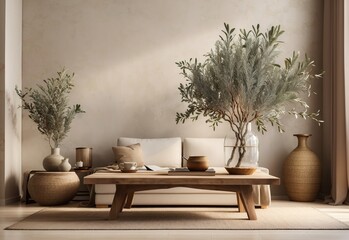 Elegant Mediterranean home design. Textured vase with olive tree branches, cup of coffee. Books on wooden table