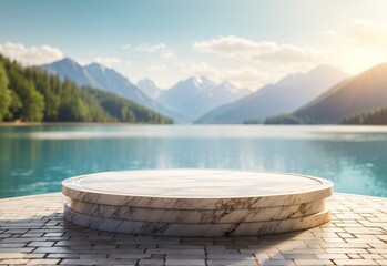 Empty circular marble podium in middle of bokeh lake background - Powered by Adobe