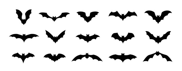 Halloween bats silhouettes set. Isolated vector winged vampire animal black shapes on white background. Creepy and spooky fauna creatures group, monochrome icons, simple signs or pictograms - obrazy, fototapety, plakaty