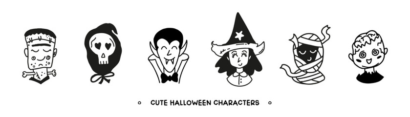 Halloween black outline character set. Cute mummy, witch, zombie, vampire and death. Hand drawn isolated vector