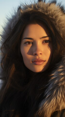 Portrait of Stunning Young Inuit Woman with Black Hair Captured in Golden Hour and Natural Light, High-Quality Beauty Photography
