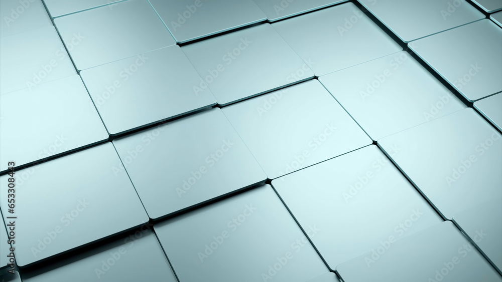Poster 3d surface with moving tiles. design. metal square tile moves on surface. smooth square tile moves i