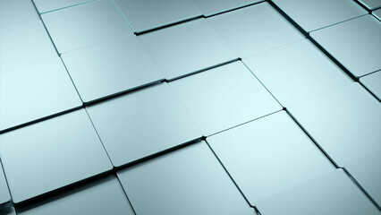 3D surface with moving tiles. Design. Metal square tile moves on surface. Smooth square tile moves in waves on surface