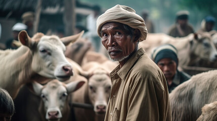 Obraz na płótnie Canvas Indonesian farmer with his cattle