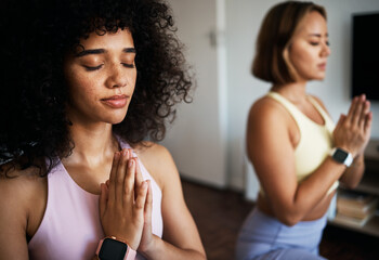 Lesbian couple, yoga and zen at home, closeup and peaceful for bonding and support. Calm people,...
