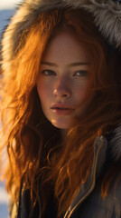 Portrait of Stunning Young Inuit Woman with Red Hair Captured in Golden Hour and Natural Light, High-Quality Beauty Photography