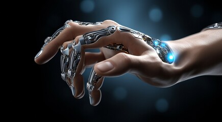close-up of AI robot hand, AI robot hand on technology background, bionic robots hand close up, half human half robotic hand - obrazy, fototapety, plakaty