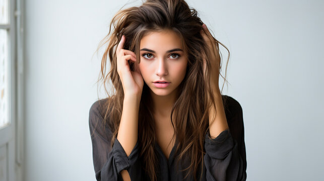 Portrait Of Disheveled Woman Touching Her Hair