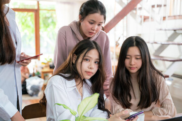 Businesswoman colleague team meeting brainstorm talking with laptop drink coffee