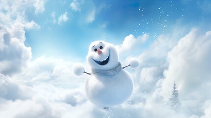 Obraz premium Cute Snowman in a Modern Christmas Scenery: Snowflakes and Pristine Landscapes Wallpaper in 8K created with generative ai technology