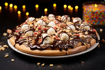 Obraz na płótnie Canvas sweet pizza with chocolate and marshmallows on the background of festive lights