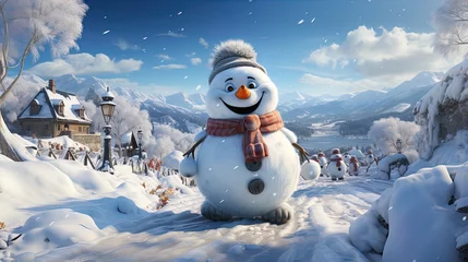 Papier Peint photo Chambre denfants Cute Snowman in a Modern Christmas Scenery: Snowflakes and Pristine Landscapes Wallpaper in 8K created with generative ai technology