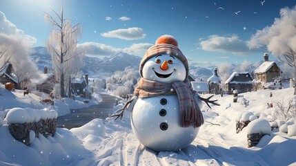 Obraz premium Cute Snowman in a Modern Christmas Scenery: Snowflakes and Pristine Landscapes Wallpaper in 8K created with generative ai technology