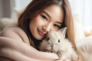 a asian girl hugs her pet rabbit