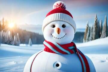 Obraz premium Realistic snowman smiling standing in snow near spruce trees. Cute new year, christmas holiday character smiling in red mittens scarf and hat