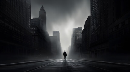 This image captures the essence of urban exploration, with a lone figure confidently walking down a straight, modern city street. Tall skyscrapers rise on either side. - obrazy, fototapety, plakaty