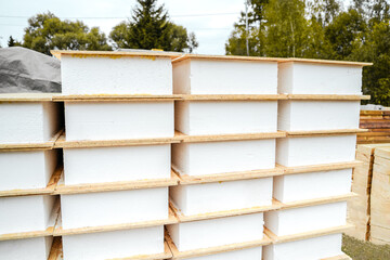 Building construction of wooden frame house made of SIP structural insulated panels. OSB oriented strand board, EPS expanded polystyrene. Energy-efficient eco-friendly green Canadian technology