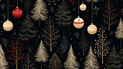 Christmas pattern with fir trees on black background