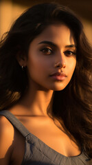 Fototapeta premium Portrait of Stunning Young Indian Woman with Black Hair Captured in Golden Hour and Natural Light, High-Quality Beauty Photography