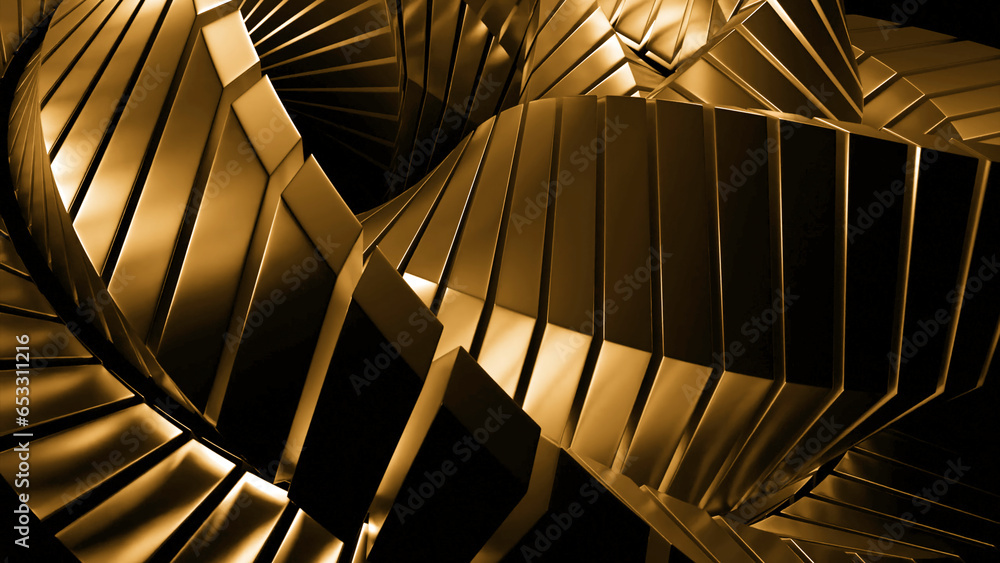 Poster swirling 3d structure with metallic lines. action. abstract metal machine is twisted with metal line