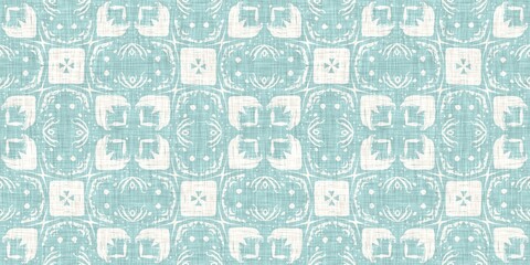 Aqua teal blue white vibrant watercolor batik azulejos tile border banner background. Seamless coastal blur linen effect geometric mosaic effect.Boho Patchwork nautical masculine summer ribbon trim. 