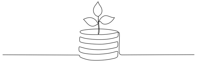 Coins stack with leaves branch continuous one line drawing. Business investing concept. Vector illustration isolated on white. © Віталій Баріда
