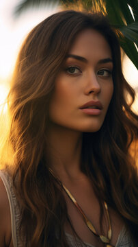 Portrait of Stunning Young Hawaiian Woman with Brown Hair Captured in Golden Hour and Natural Light, High-Quality Beauty Photography