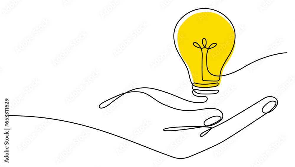 Poster lighting lightbulb on hand one continuous line drawing. electric yellow lamp. brainstorm linear symb