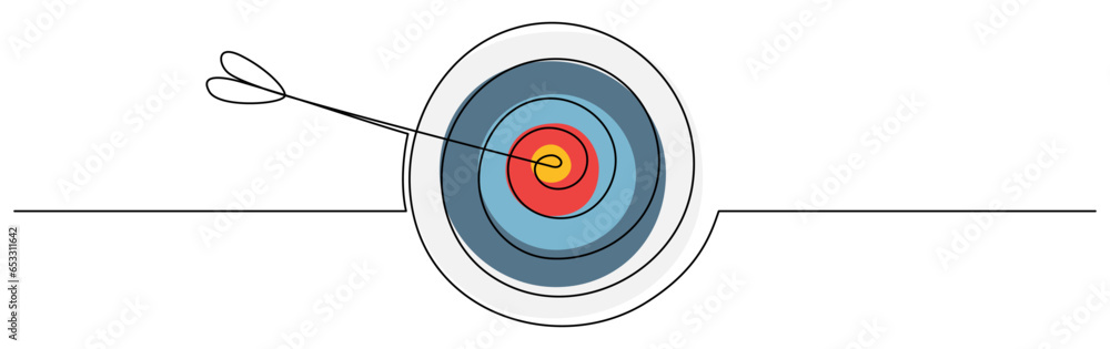 Poster target with arrow continuous line drawing. hand drawn linear colorful goal circle. vector illustrati