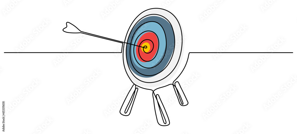 Poster target with arrow continuous line drawing. hand drawn linear colorful goal circle. vector illustrati