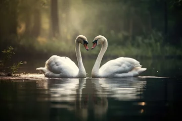 Rolgordijnen Two swans in love swimming in autumn lake. Pair white swans in heart shape floating in pond © DenisNata