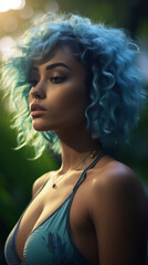 Portrait of Stunning Young Asian Woman with Blue Hair Captured in Golden Hour and Natural Light, High-Quality Beauty Photography