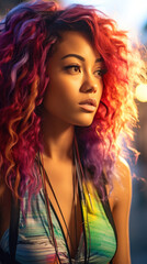 Fototapeta premium Portrait of Stunning Young Hawaiian Woman with Pink Hair Captured in Golden Hour and Natural Light, High-Quality Beauty Photography
