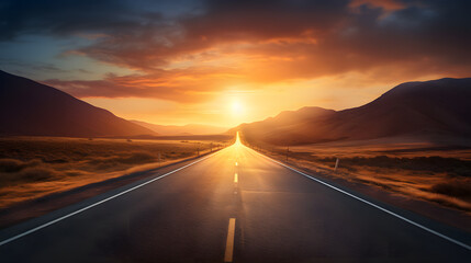 Journey down an endless highway that stretches straight forward into the horizon. The open road symbolizes limitless possibilities and the pursuit of one's dreams. With the sun in the background. - obrazy, fototapety, plakaty