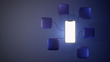 Telefone celular 3D reenderizado fundo azul e tela ligada