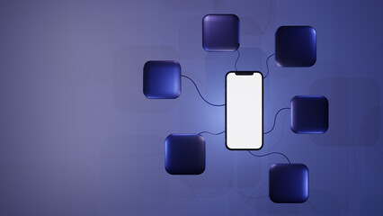 Telefone celular 3D reenderizado com aplicativos conectados flutuando ao redor