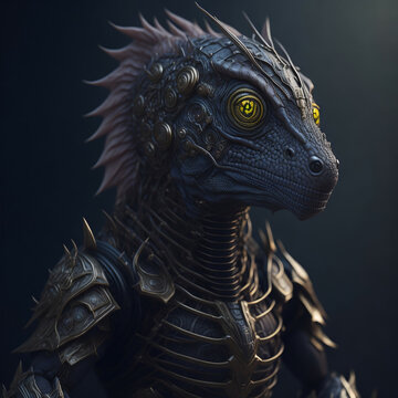 Anthropomorphic lizard cyborg in armor. Digital illustration.