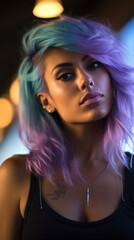 Portrait of Stunning Young Woman with Purple Hair Captured in Golden Hour and Natural Light, High-Quality Beauty Photography