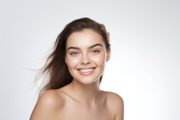 Radiant Beauty: Studio Portrait of a Smiling Young Adult Woman, Embodying Attractive and Healthy Skincare. Beauty Concept with a Friend on a White Background.