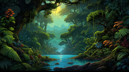 Fantasy and magical illustration of a tropical rainforest during the day. Cartoon style artwork. The atmosphere of the forest is foggy and mysterious.