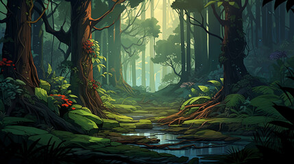 Fototapeta premium Fantasy and magical illustration of a tropical rainforest during the day. Cartoon style artwork. The atmosphere of the forest is foggy and mysterious.