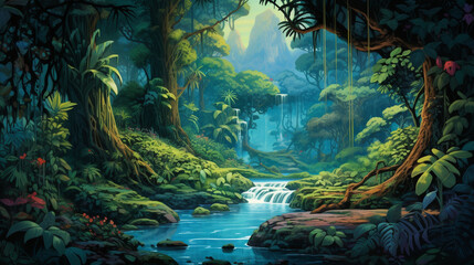 Obraz na płótnie Canvas Fantasy and magical illustration of a tropical rainforest during the day. Cartoon style artwork. The atmosphere of the forest is foggy and mysterious.