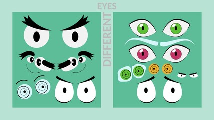 A set of eyes. Cartoon multicolored eyes. Emotional eyes. Surprised, angry, distressed, sleepy eyes. Kind glance. Cat's eyes. Cartoon Human Eyes