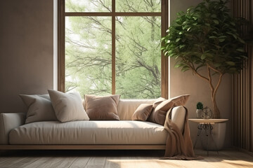 Cozy corner sofa with comfy pillows in a contemporary home interior design, exuding happiness and beauty. Daylight and fresh indoor greenery..